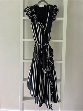 Apiece Apart Costa Del Sol Black & White Striped Asymmetrical ruffle Wrap Dress